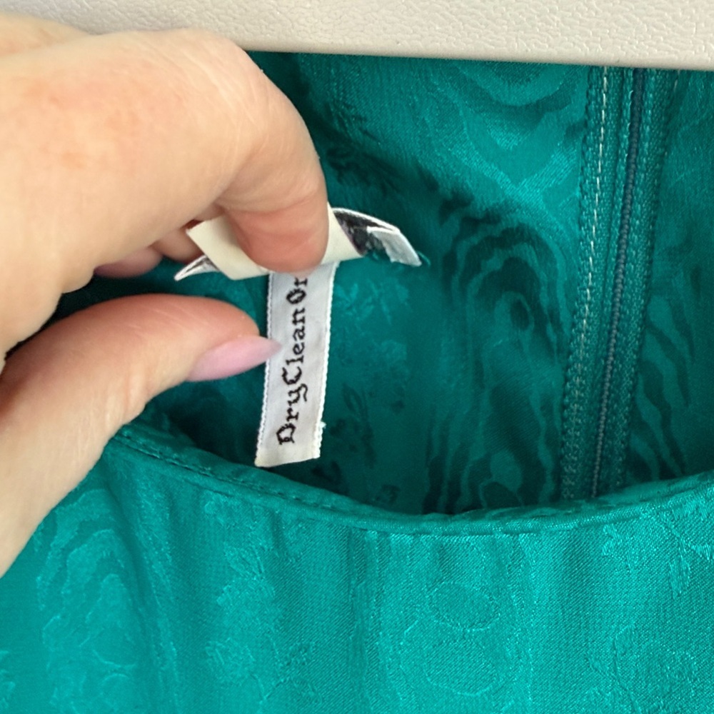 Vintage USA Garment Union Tag Pure Silk Teal Puff Sleeve Pleat Midi Dress Floral - Picture 5 of 13